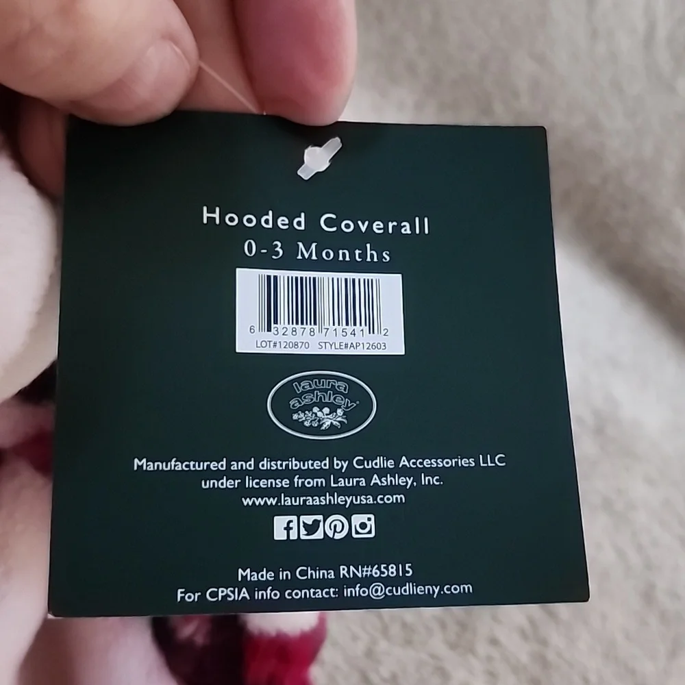 Laura Ashley Baby hooded coverall, Size 0-3 months, new!